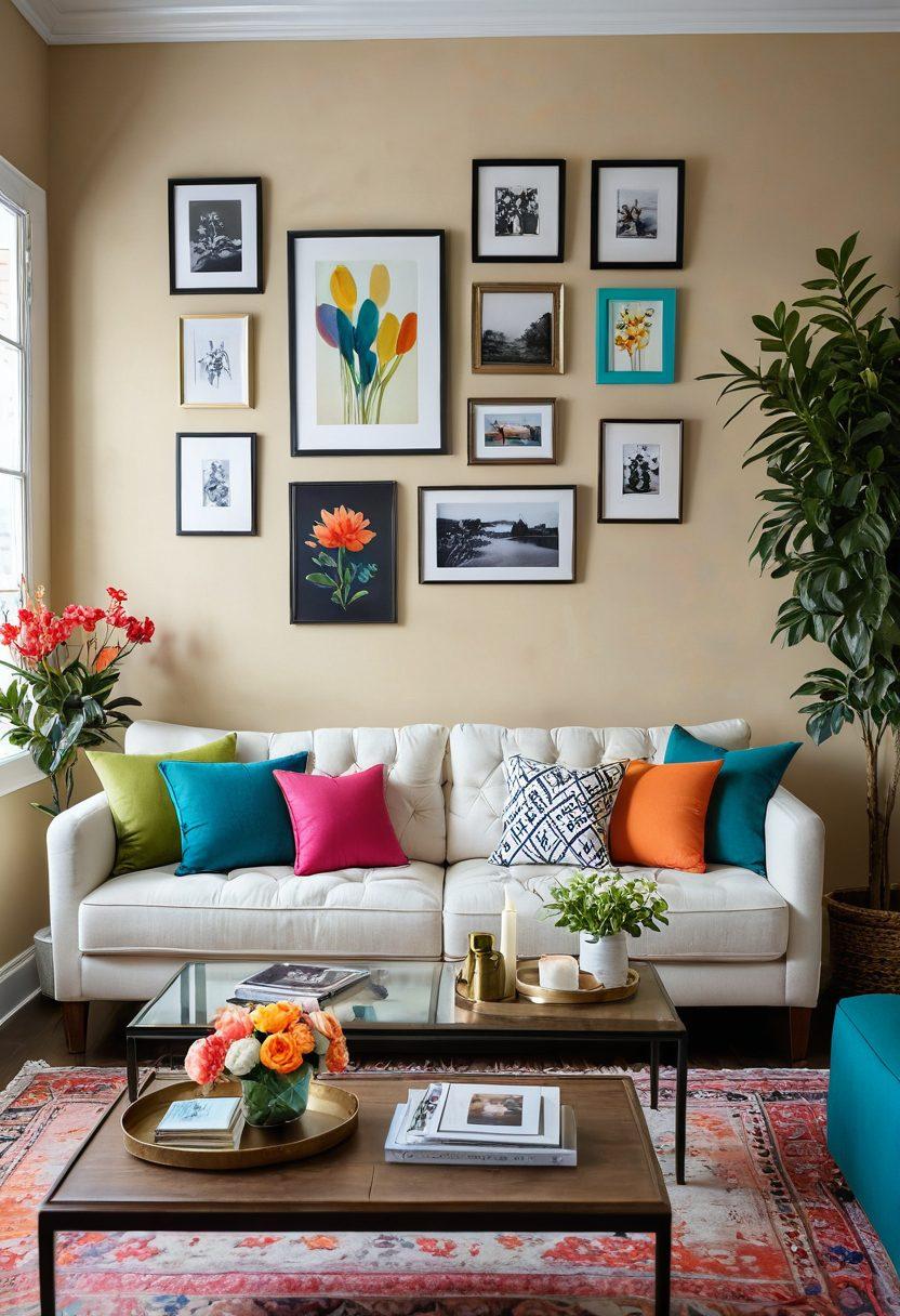 An enchanting living room filled with vibrant décor elements, featuring a cozy sofa adorned with colorful cushions, a chic coffee table topped with candles and flowers, and a stylish gallery wall. Soft ambient lighting illuminates the space, creating a warm and inviting atmosphere that encourages creativity and relaxation. Include plants and decorative items that add a touch of personality and charm. super-realistic. vibrant colors. soft focus.