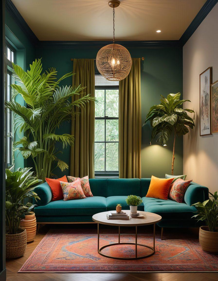 A beautifully styled interior space filled with vibrant colors and creative decor ideas, showcasing a blend of modern and vintage elements. Include a cozy reading nook with bright cushions, a lush indoor plant, and elegant lighting that casts warm glows, symbolizing the art of creating welcoming environments. Capture a sense of wonder and enchantment that reflects the joy of stunning designs. super-realistic. vibrant colors. soft lighting.