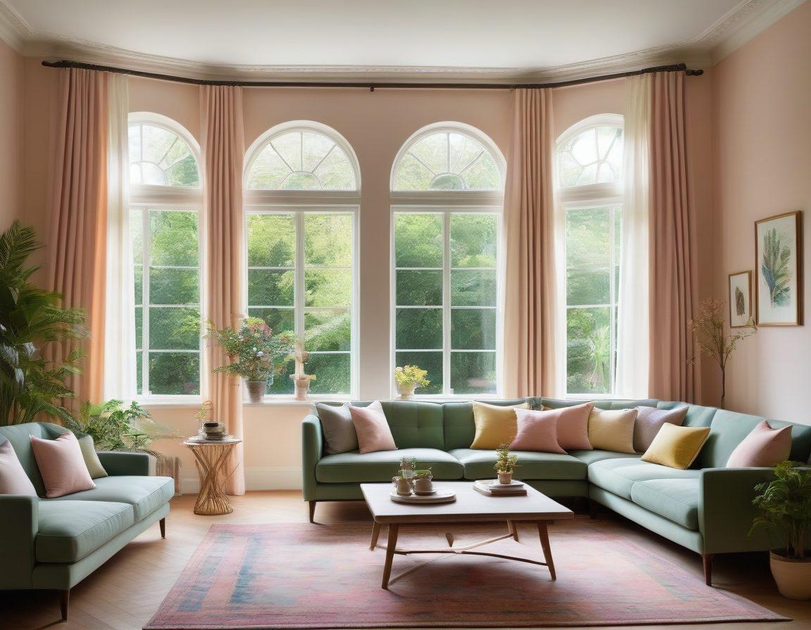 An elegant, sunlit room filled with lush greenery, soft pastel furnishings, and delicate decor elements that exude grace and allure. A large window overlooks a vibrant garden, allowing natural light to flood the space. Artistic touches like a flowing curtain and tasteful art pieces enhance the atmosphere. A small coffee table with a steaming cup adds warmth to the setting. super-realistic. vibrant colors. soft focus.